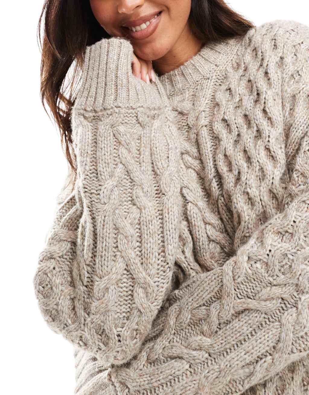 ASOS DESIGN crew neck oversized cable knit sweater in oatmeal Product Image