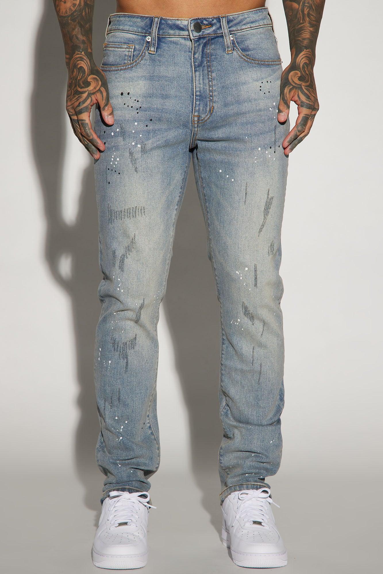 Ripped And Bleach Splatter Slim Jeans - Light Blue Wash Product Image