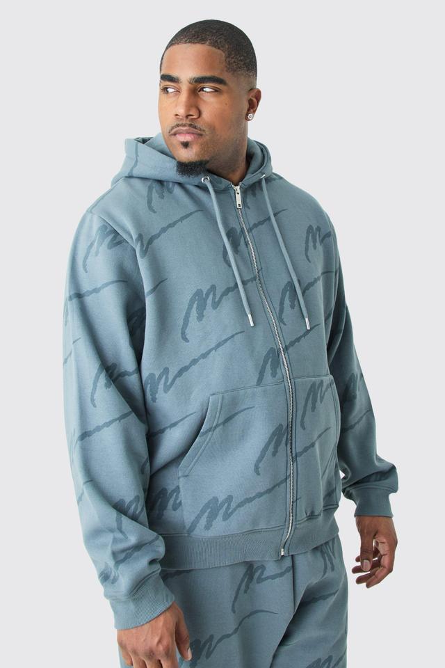 Plus Man Signature All Over Print Zip Through Hoodie | boohooMAN USA Product Image