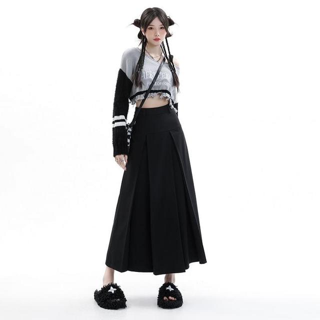 High Rise Plain Midi Pleated A-Line Suit Skirt Product Image