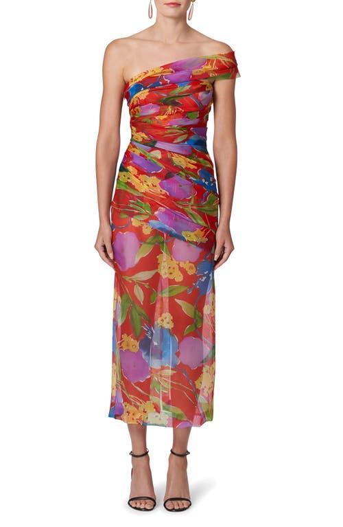 Carolina Herrera Floral Print Ruched One Shoulder Silk Dress Product Image