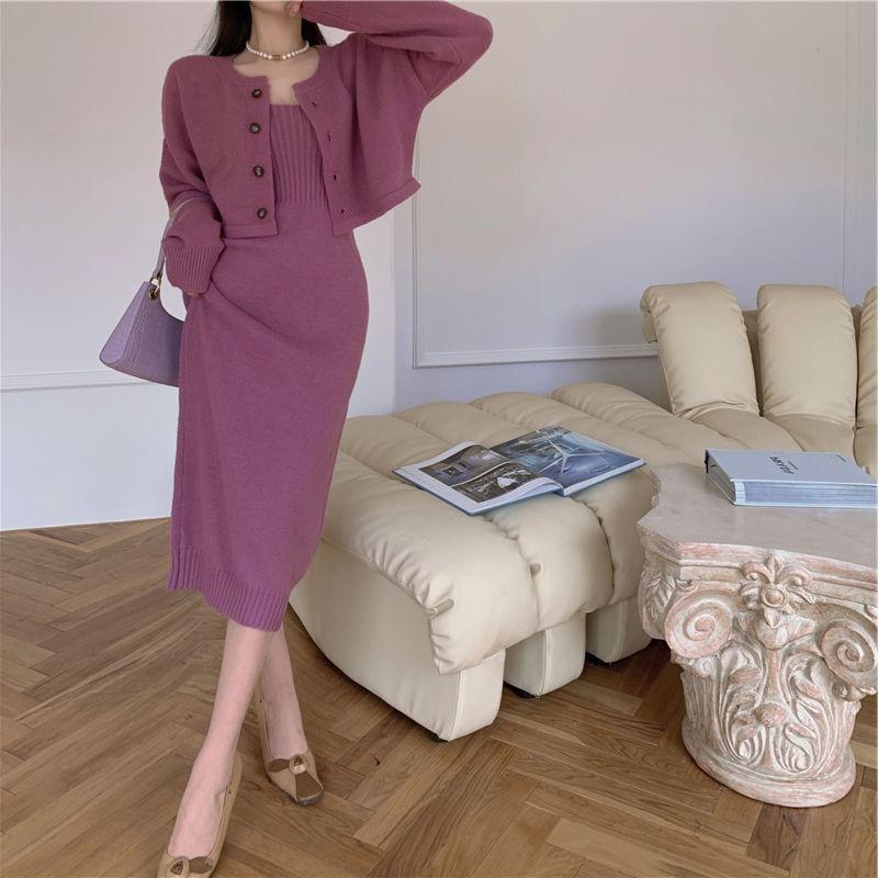 Set: Spaghetti Strap Plain Ribbed Knit Midi Dress + Round Neck Crop Cardigan Product Image