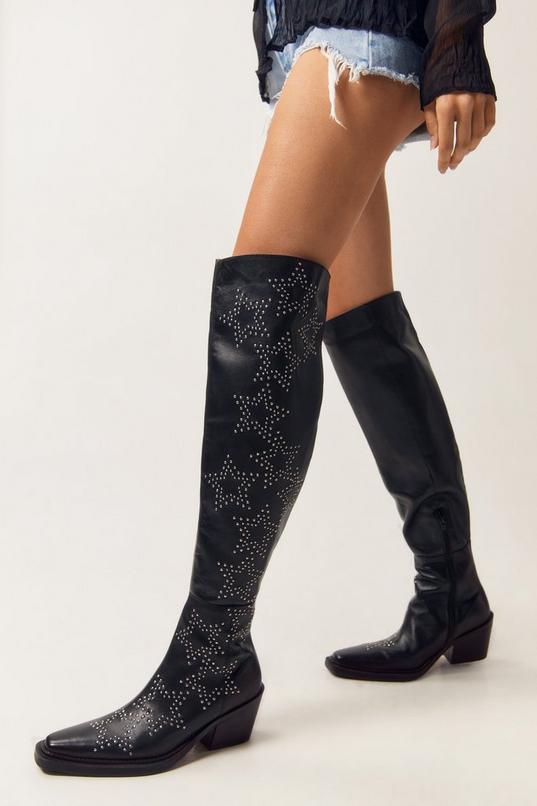 Real Leather Star Studded Over The Knee Cowboy Boots product image