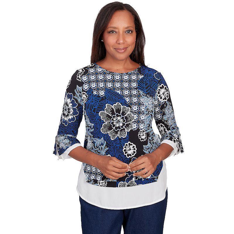 Plus Size Alfred Dunner Floral Flutter-Sleeve Top with Woven Trim, Womens Multi Product Image