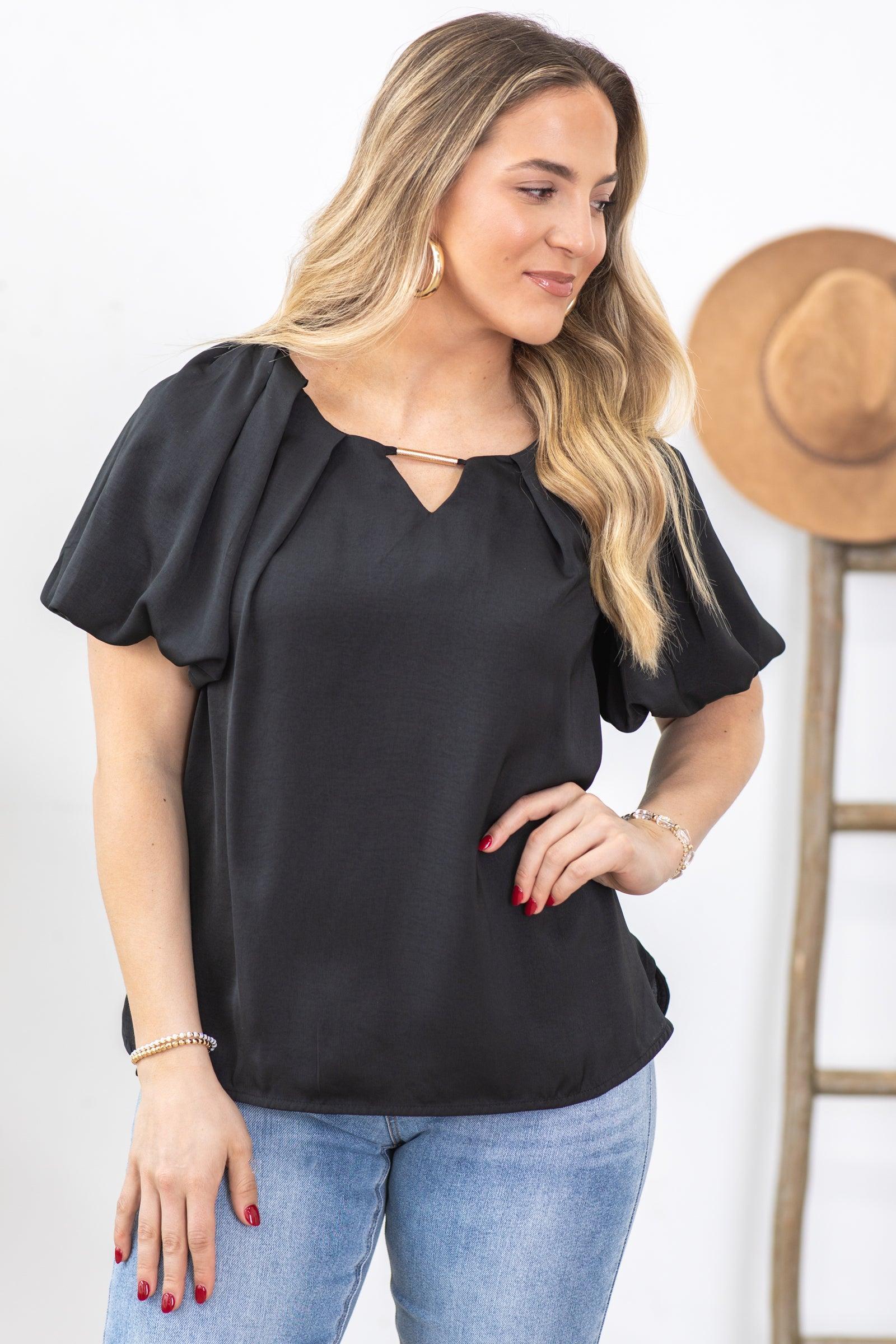 Black With Gold Bar Puff Sleeve Woven Top Product Image