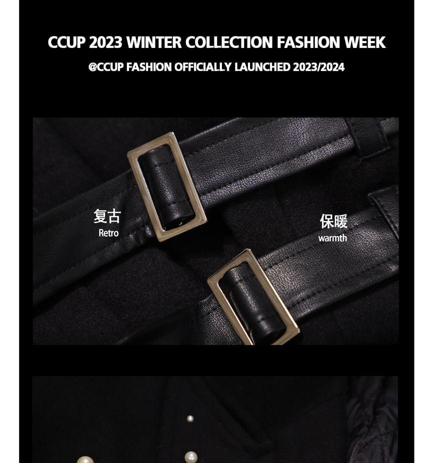 Peak Lapel Plain Beaded Buckled Midi Single Breasted Coat Product Image