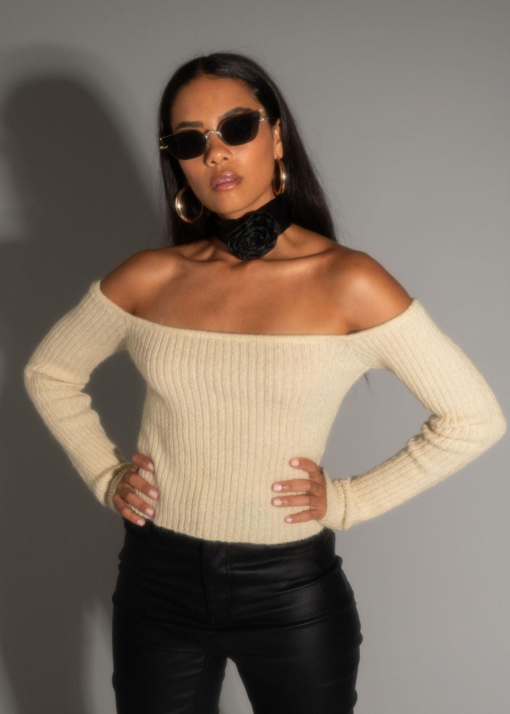 Miley Beige Off The Shoulder Sweater Female Product Image