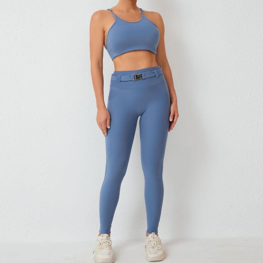 Set: Plain Racerback Sports Bra + High Waist Buckled Leggings Product Image