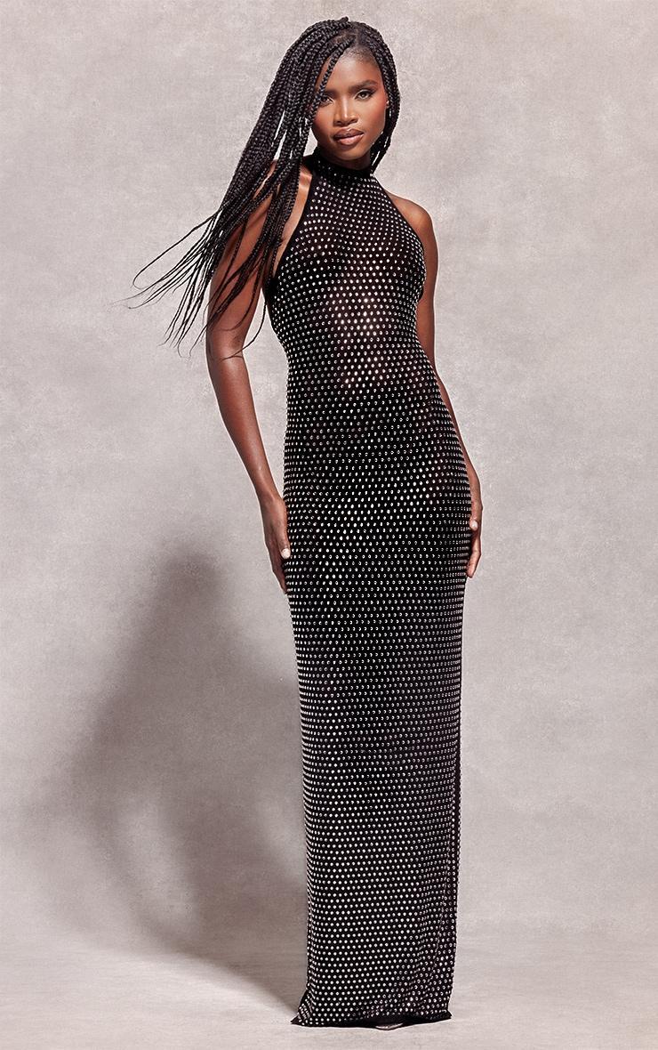 Black Embellished Mesh Backless High Neck Maxi Dress Product Image