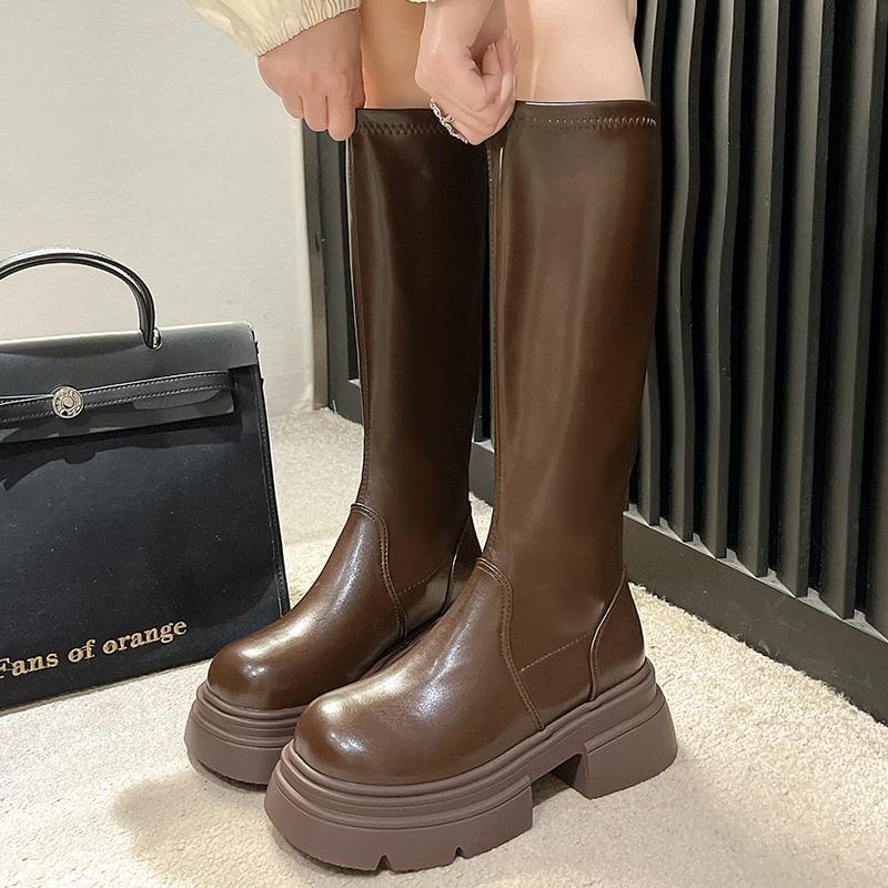 Chunky Heel Plain Faux Leather Zip-Up Tall Boots product image