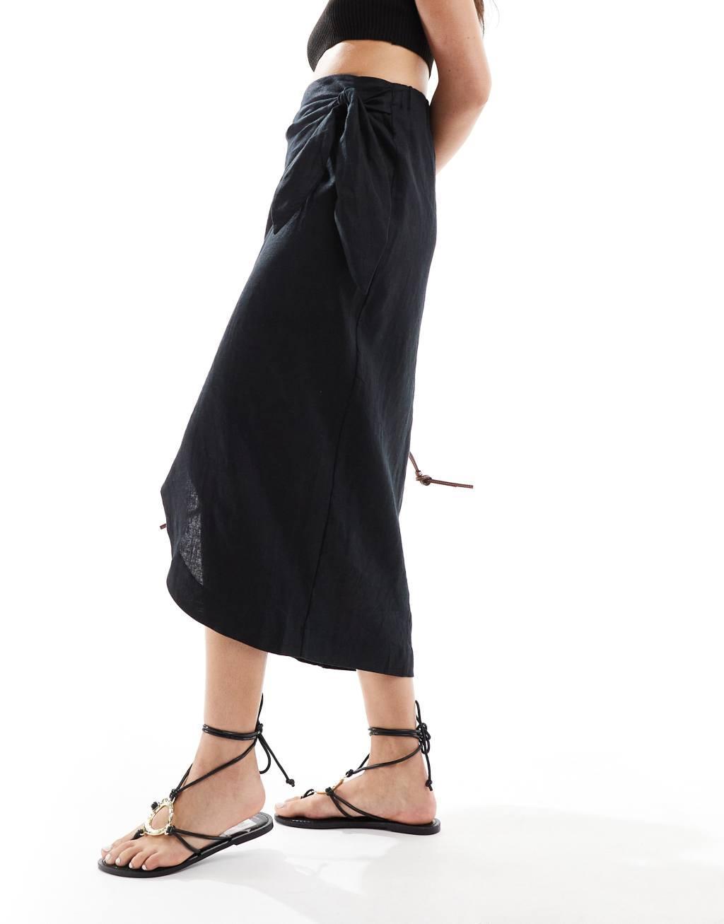 Mango wrap front linen skirt in black Product Image