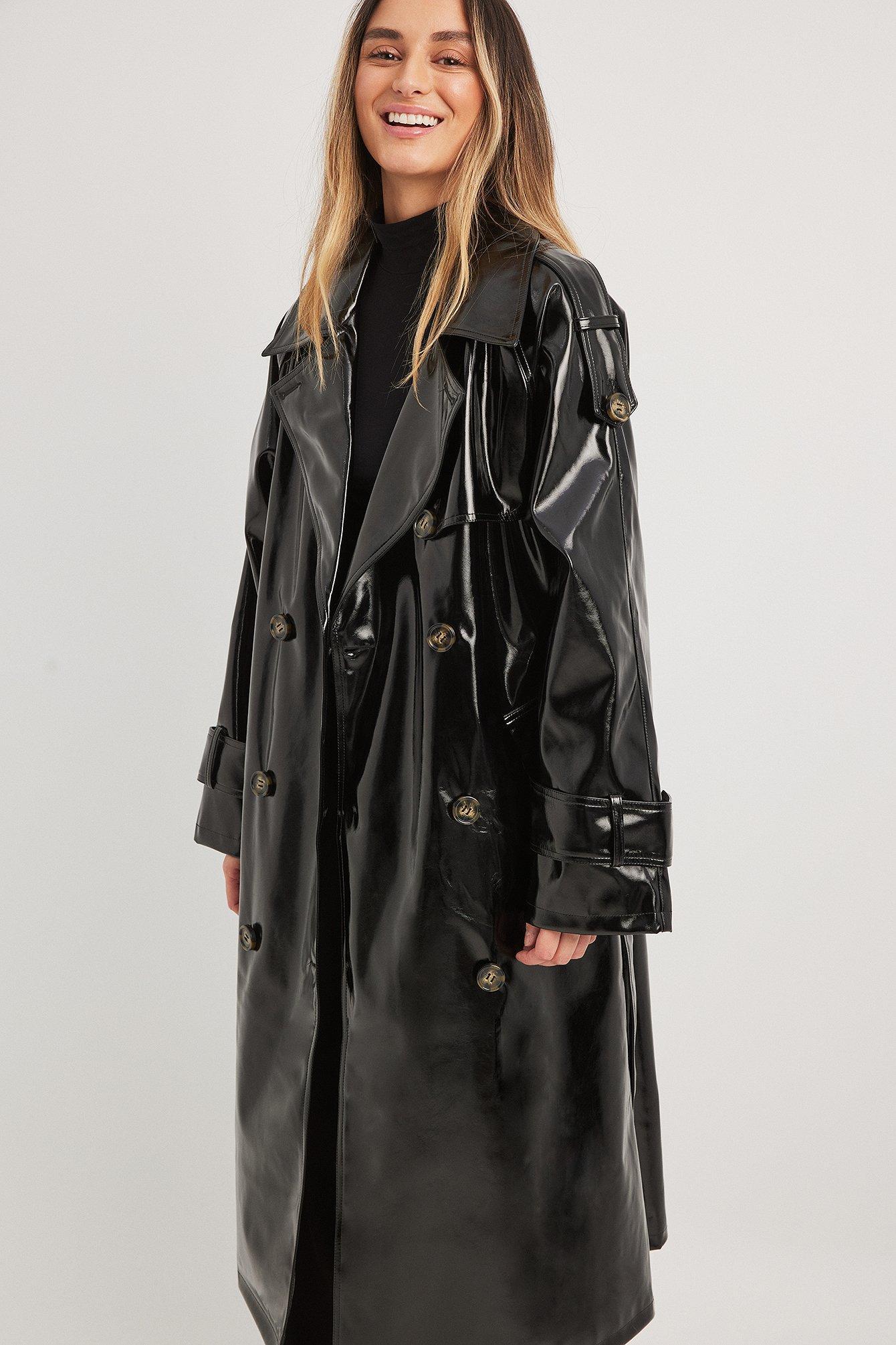 Shiny PU Belted Trench Coat Product Image