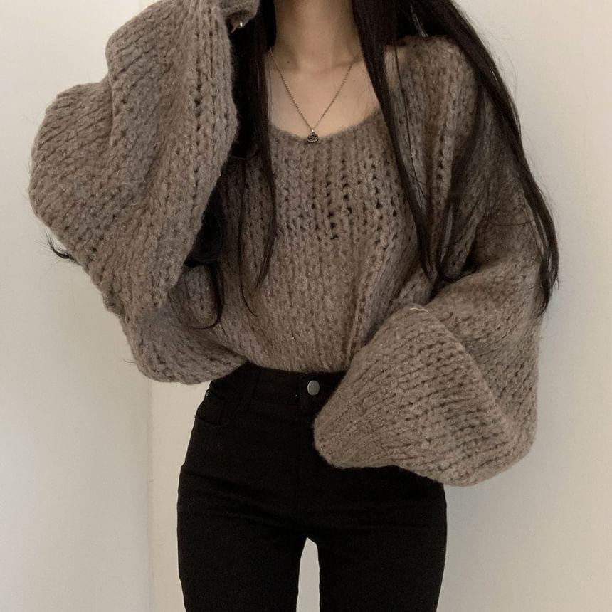 Puff-Sleeve Plain Chunky Knit Sweater Product Image