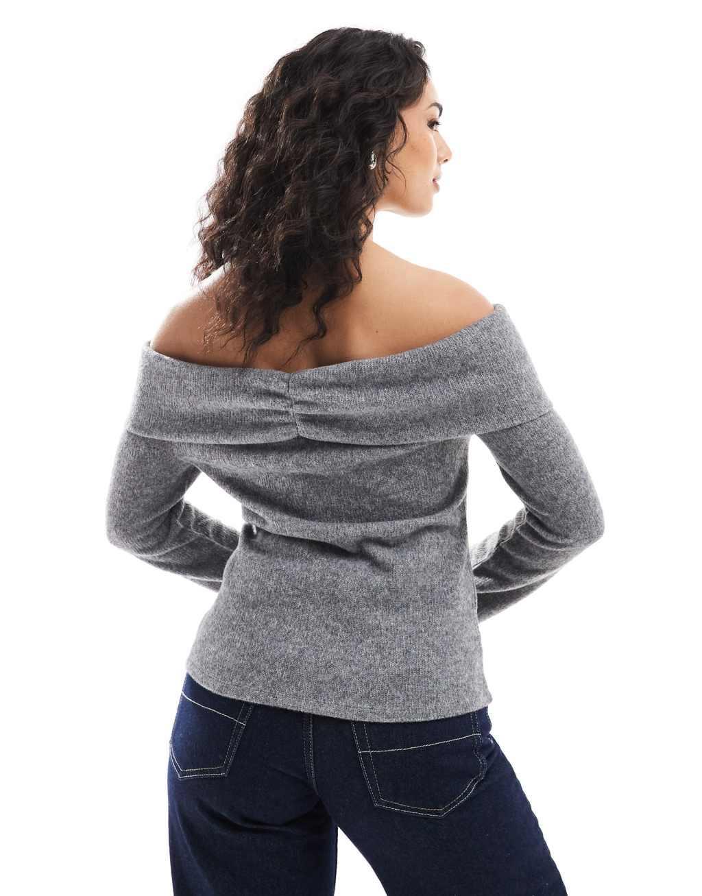 ONLY off-shoulder knit sweater in gray Product Image