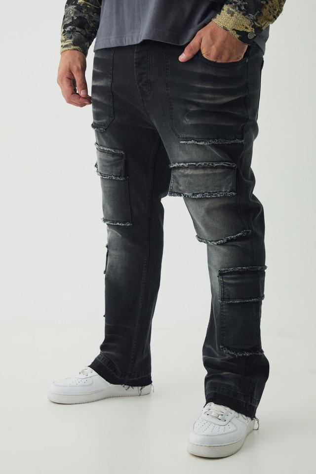 Plus Raw Seam Detail Stretch Skinny Cargo Flared Jeans | boohooMAN USA Product Image