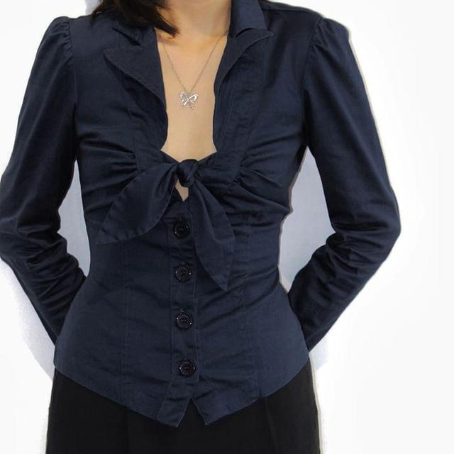 Long Sleeve Ribbon Tie Front Button Up Blouse Product Image