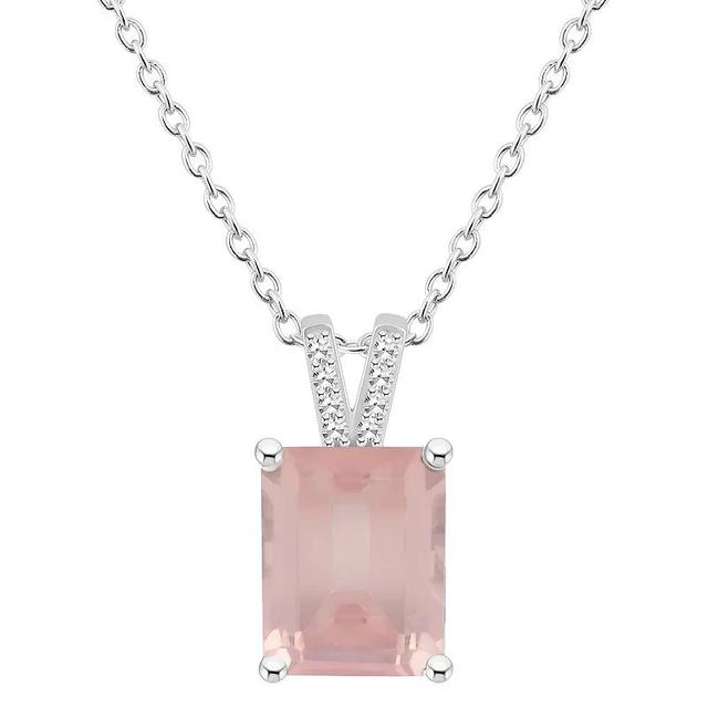 Alyson Layne Sterling Silver 10 mm x 8 mm Emerald Cut Gemstone & Diamond Accent Pendant Necklace, Womens Pink Quartz Product Image