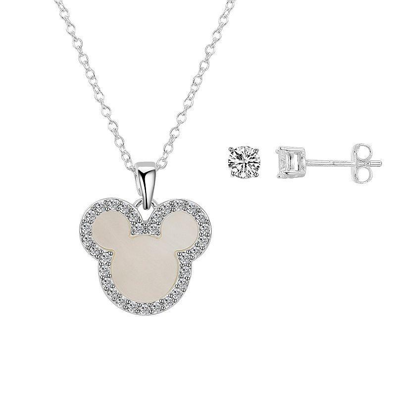 Disneys Mickey Mouse Silver Plated Faux Pearl Cubic Zirconia and Crystal Necklace & Earrings Set, Womens Two Tone Product Image