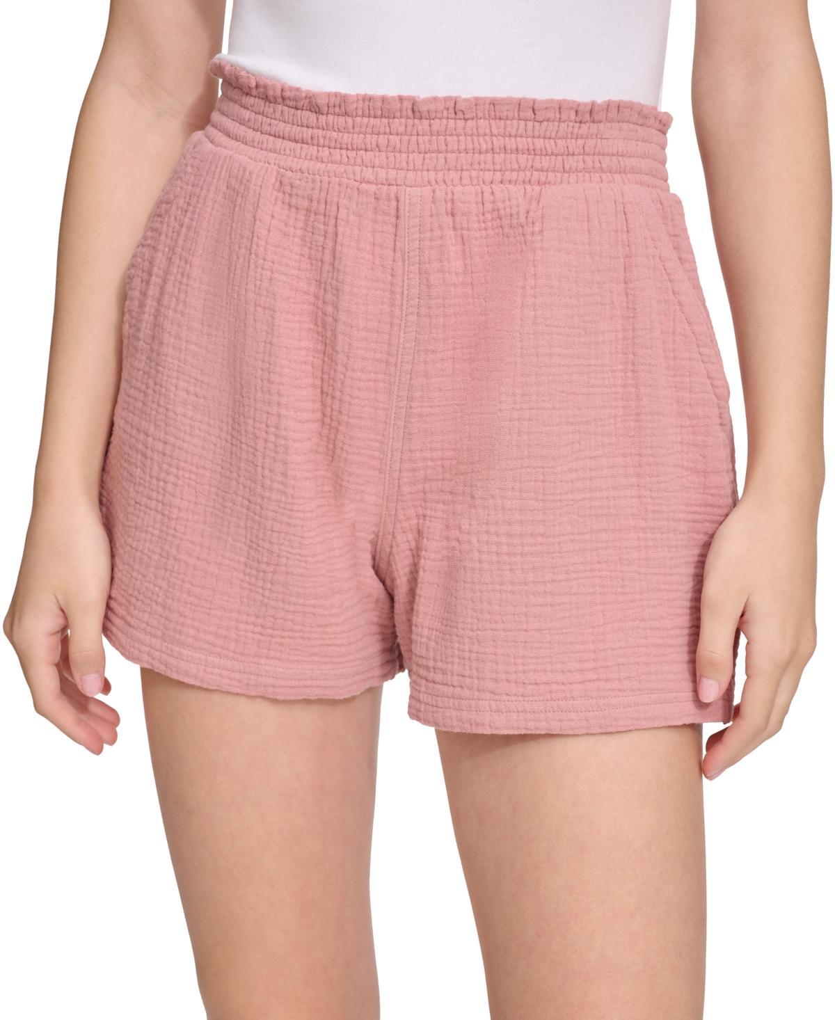 Calvin Klein Jeans Womens Smocked-Waist Double-Crepe Pull-On Cotton Shorts Product Image