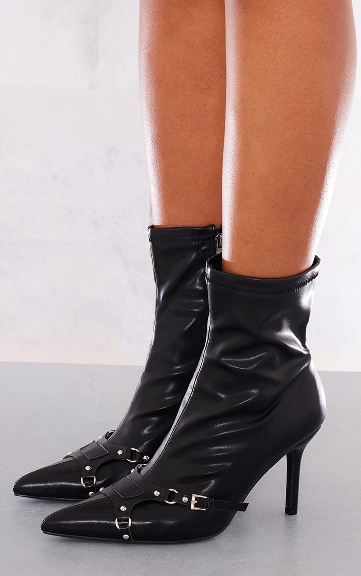 Black Wide Fit Faux Leather Point Toe Buckle Detail Tab Ankle Heeled Boots Product Image