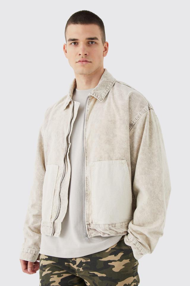 Tall Boxy Colour Block Acid Wash Cord Jacket | boohooMAN USA Product Image