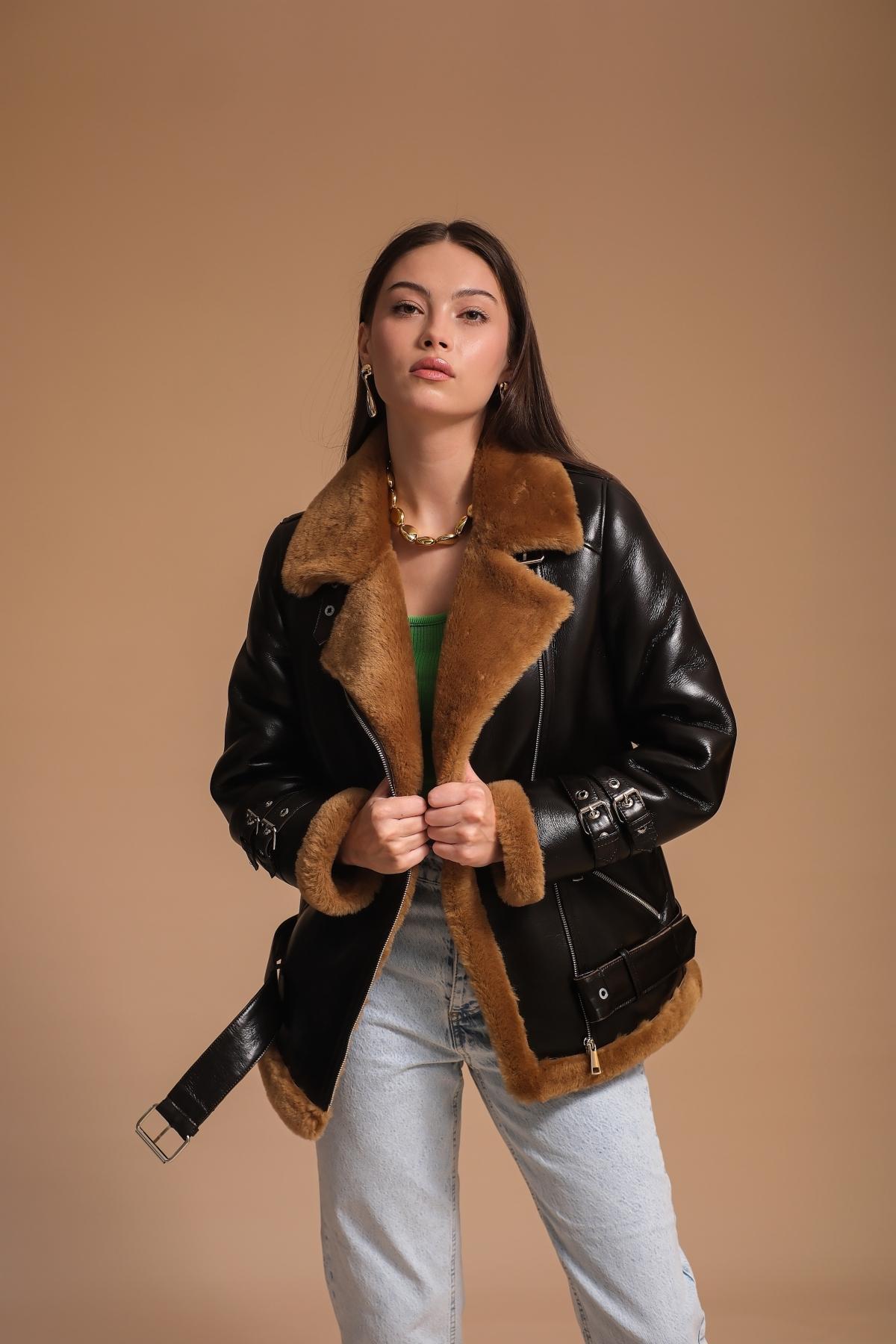 Furniq Uk Womens Leather Sheepskin Jacket Created for Macys - Brown Product Image