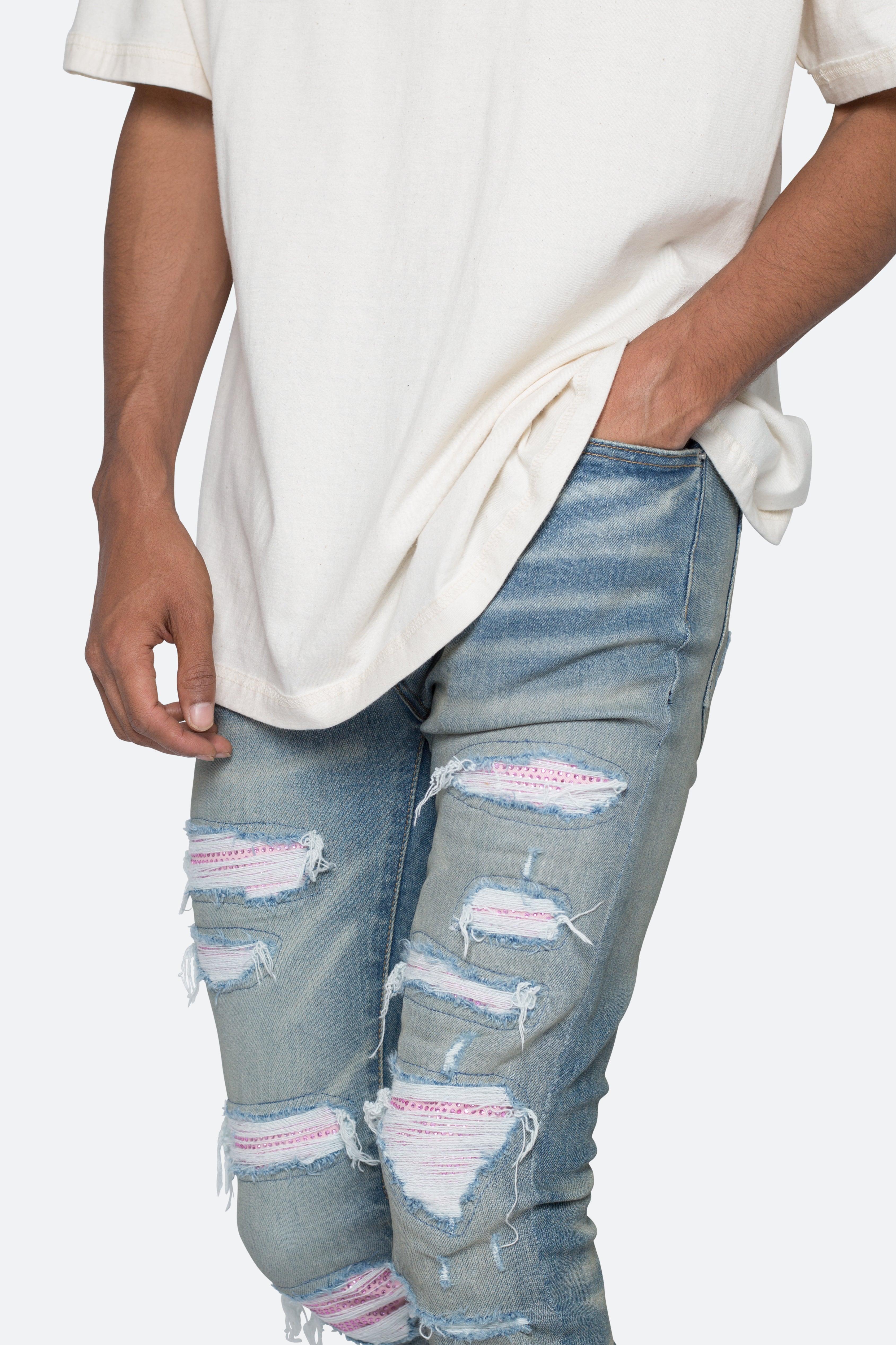 X555 Crystal Skinny Denim - Blue/Pink Product Image