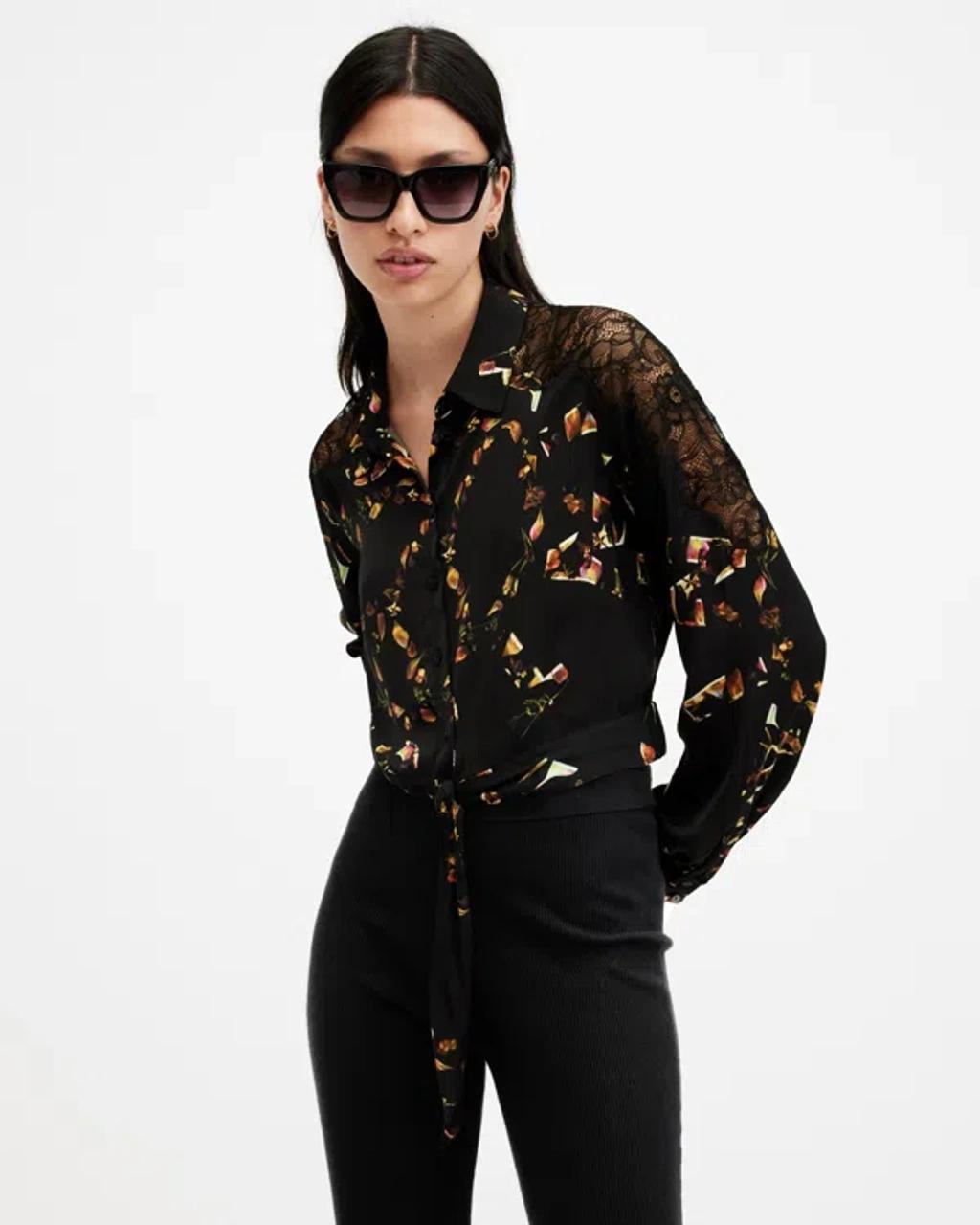 Len Printed Cropped Tie Up Shirt In Kateri Black Product Image