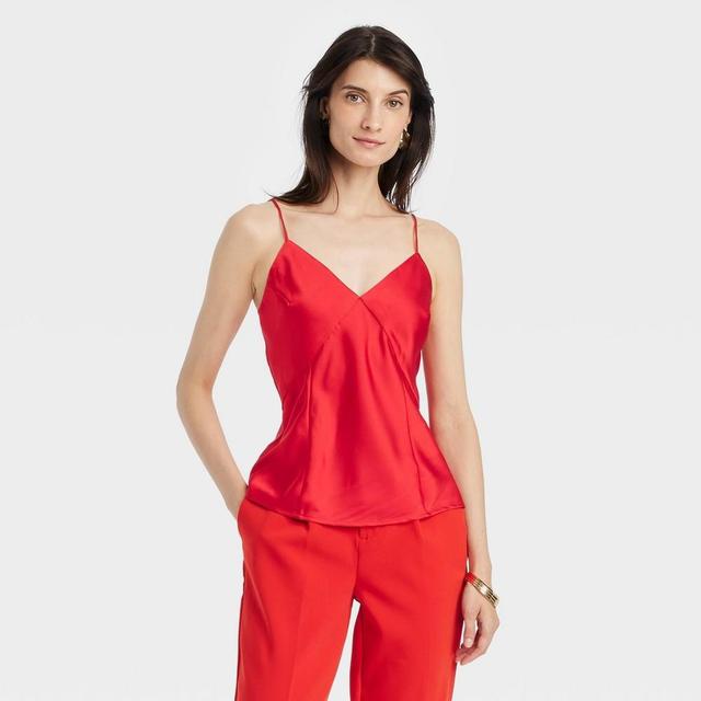 Womens Slim Fit V-Neck Satin Cami Blouse - A New Day Red XL Product Image