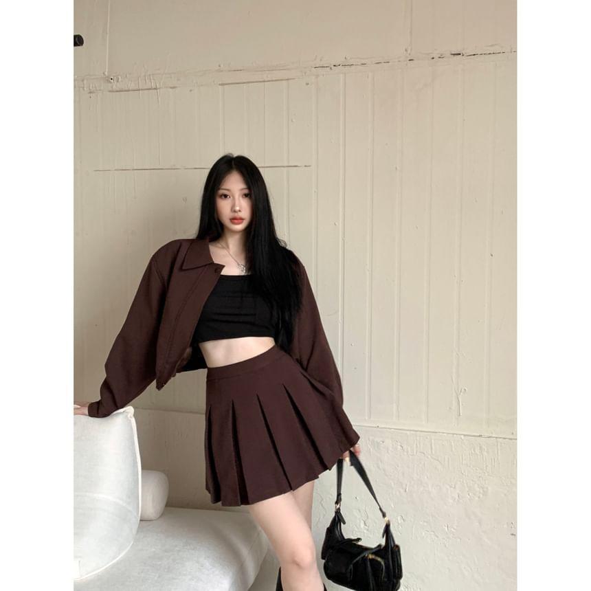 Collared Plain Zip-Up Crop Jacket / High Rise Pleated Mini A-Line Skirt Product Image