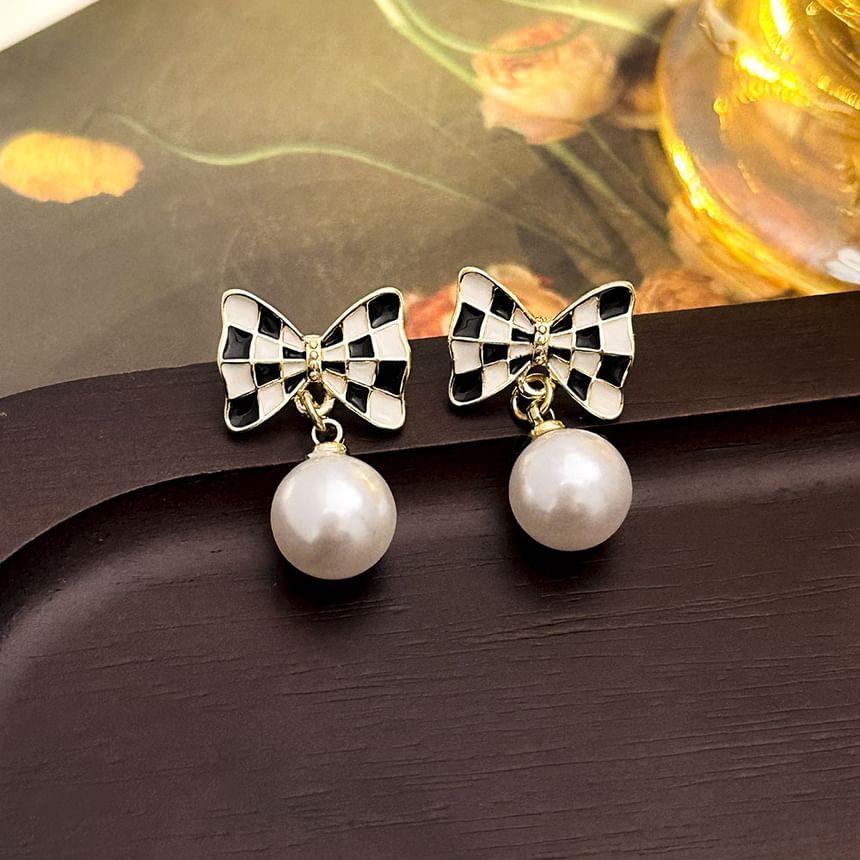 Plaid Bowknot Ball Drop Earring Product Image