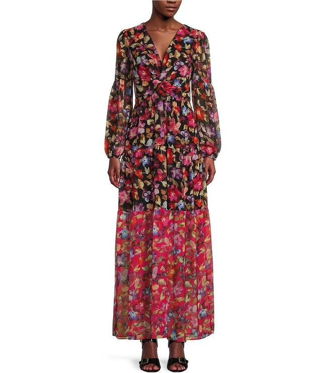 Vince Camuto Chiffon Floral Print V-Neck Long Sleeve Pocketed A-Line Maxi Dress Product Image