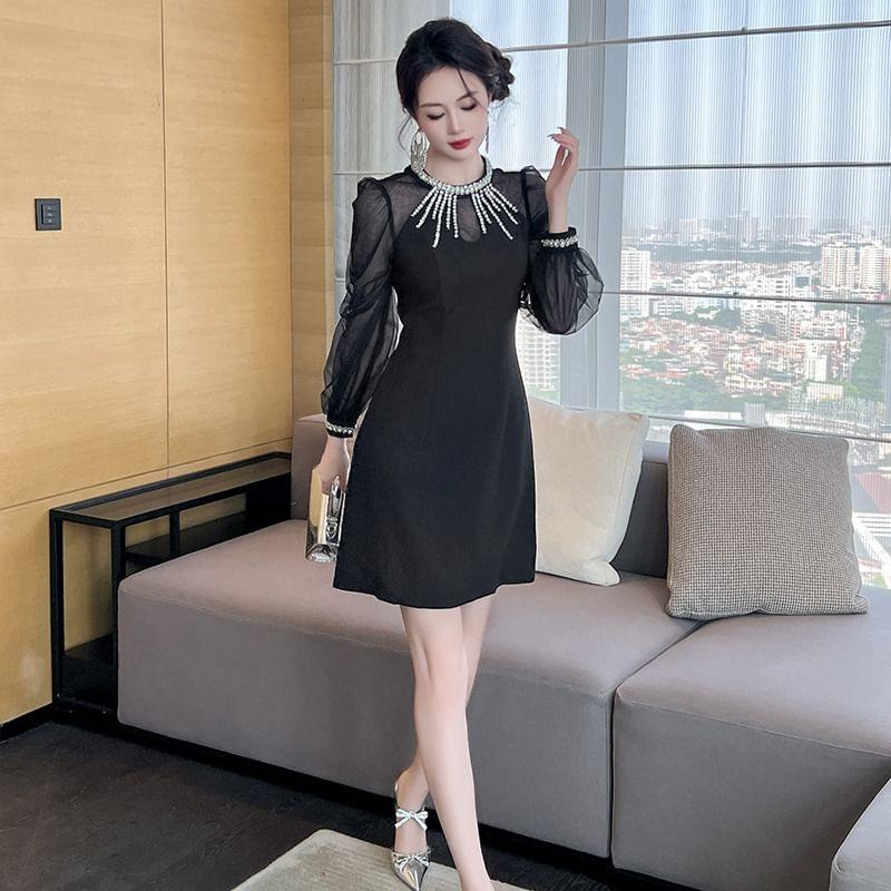 Long-Sleeve Round Neck Rhinestone Mini A-Line Dress Product Image