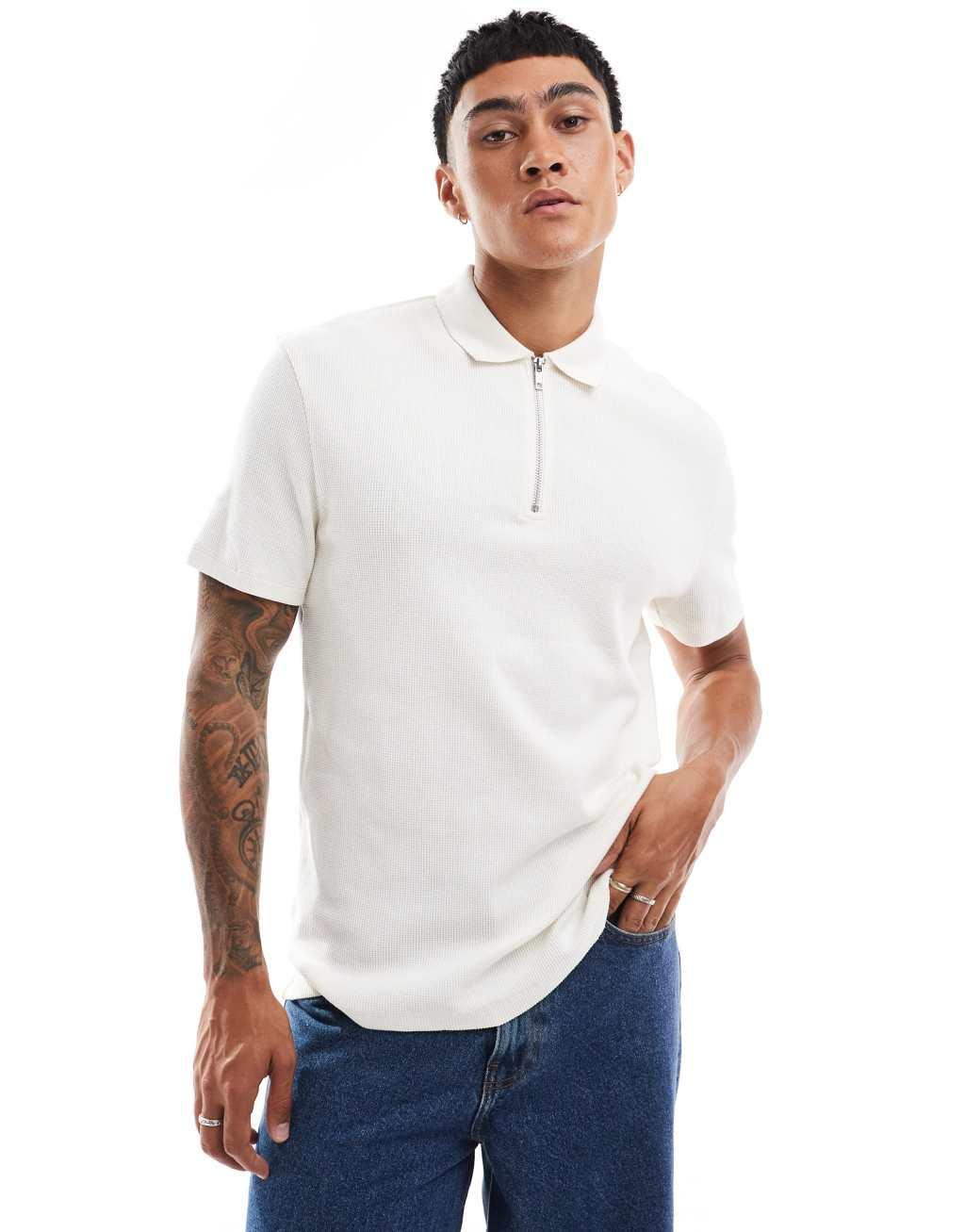 ASOS DESIGN waffle polo with zipper in cream Product Image