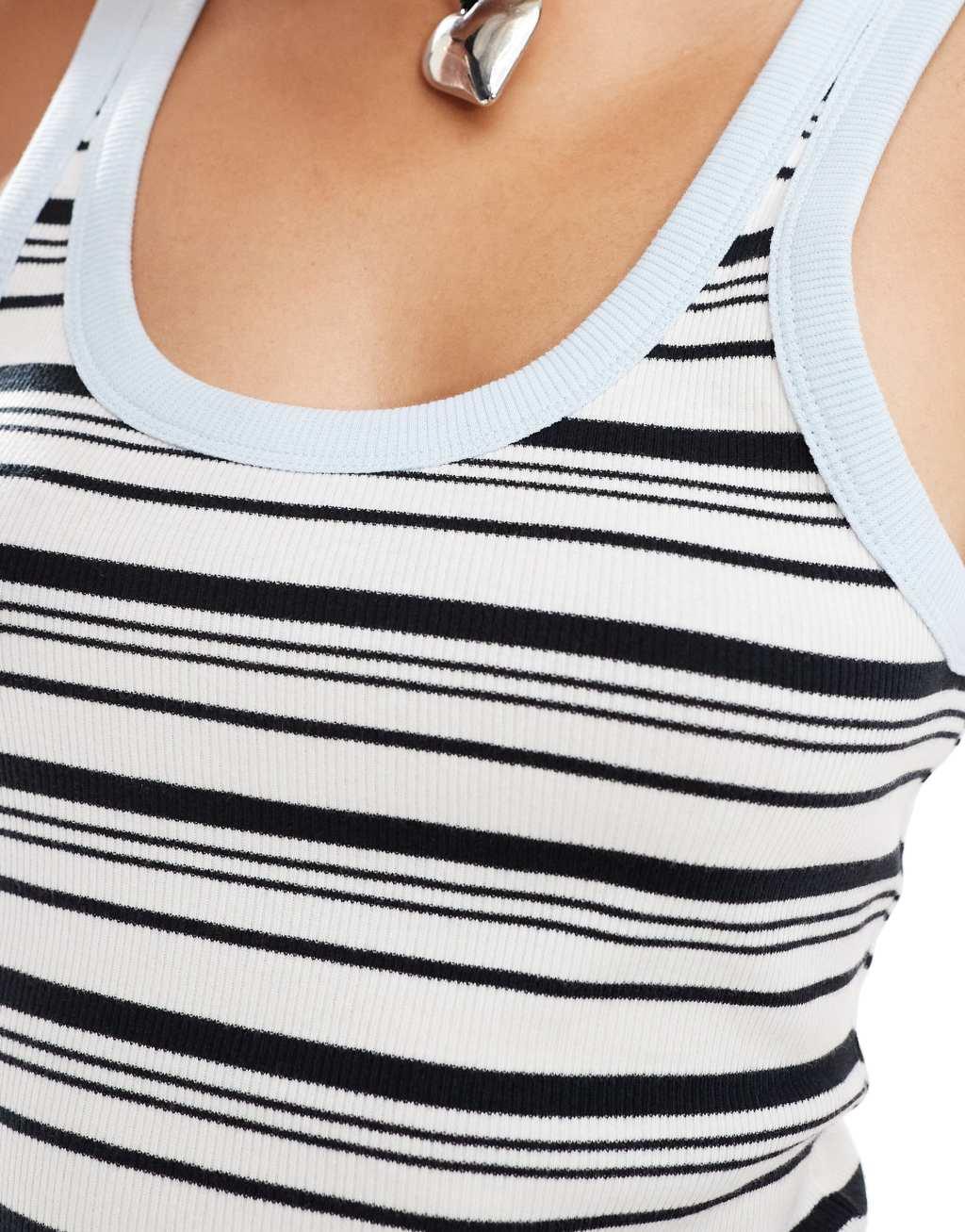 Monki ribbed fitted tank top with scoop neck in blue and white multi stripe Product Image