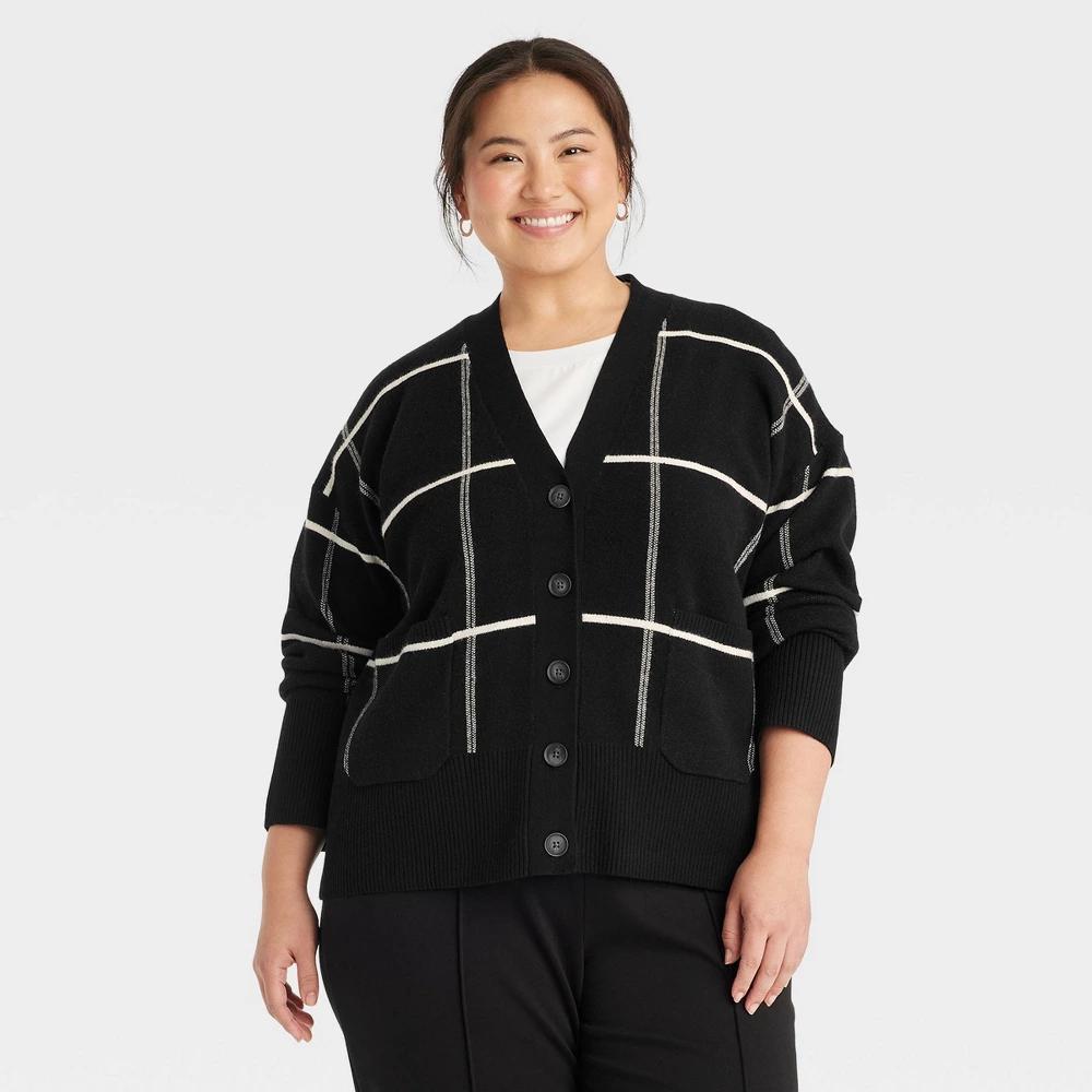 Womens Cozy Knit Everyday Cardigan - A New Day Black/Cream Plaid 4X Product Image