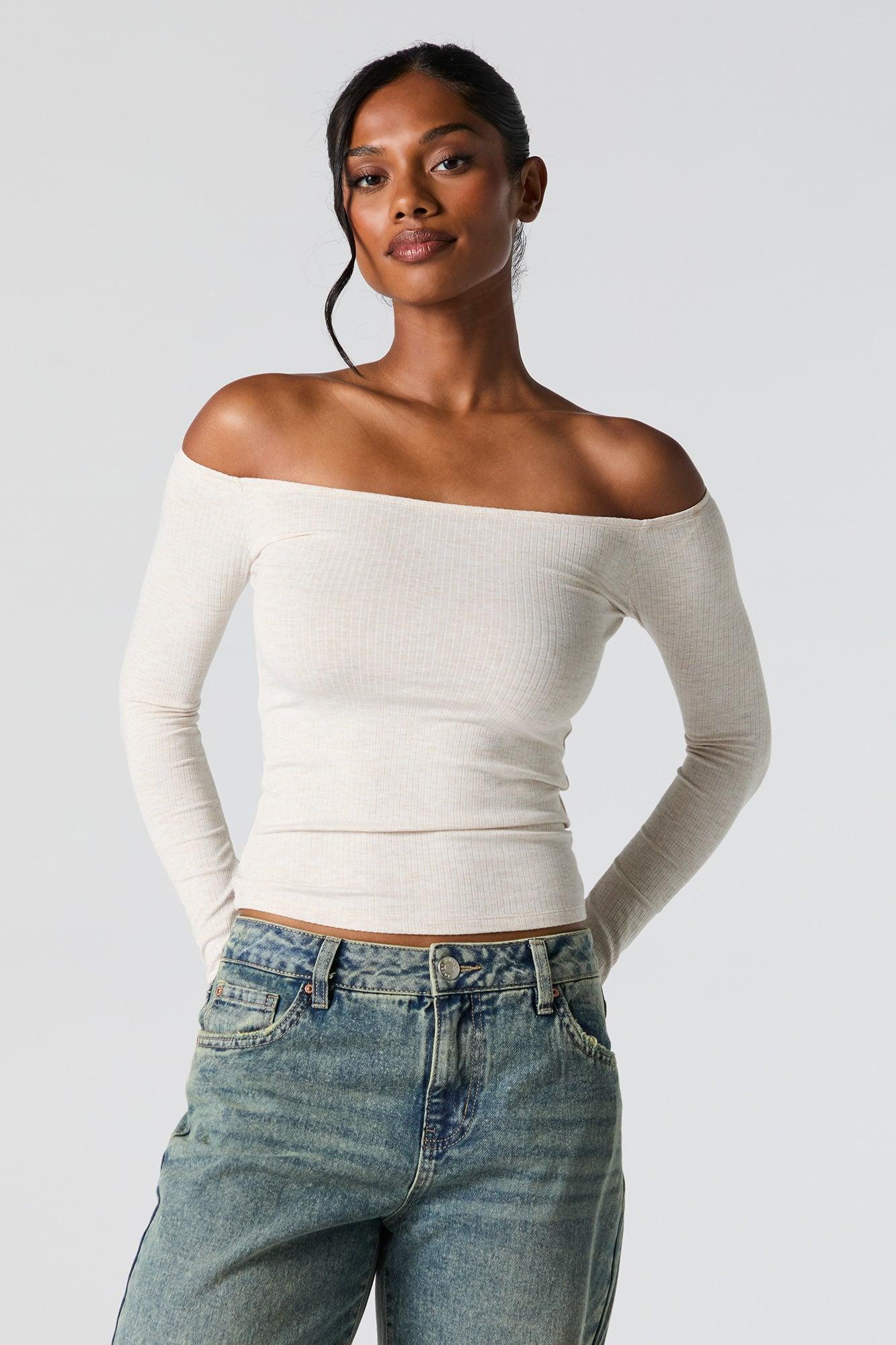 Ribbed Off Shoulder Long Sleeve Top Female Product Image