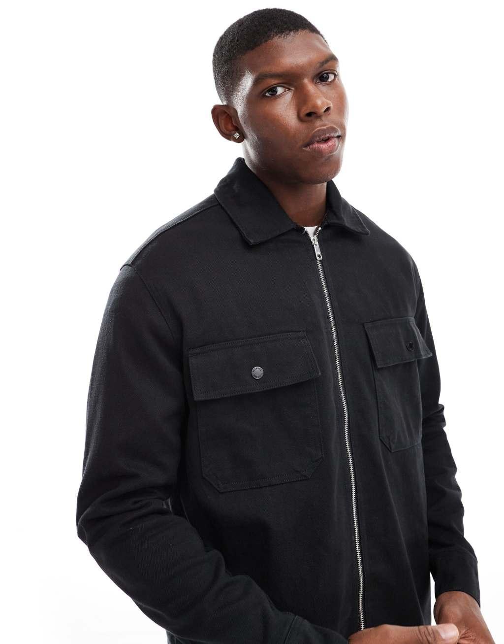 ONLY & SONS zip through heavy twill overshirt in black Product Image