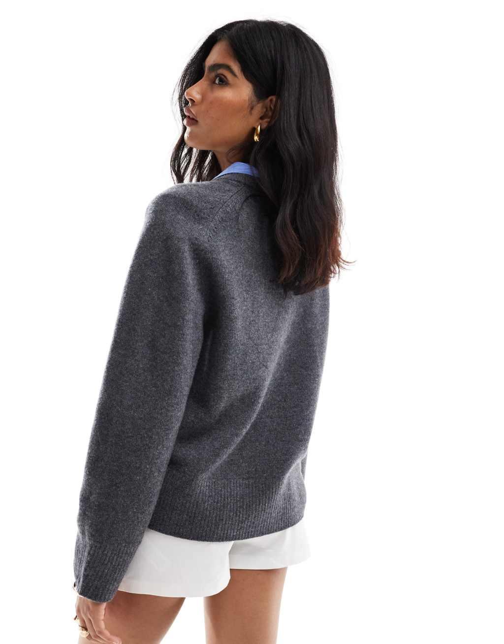 & Other Stories wool blend sweater with pleated sculptural sleeves in dark gray Product Image