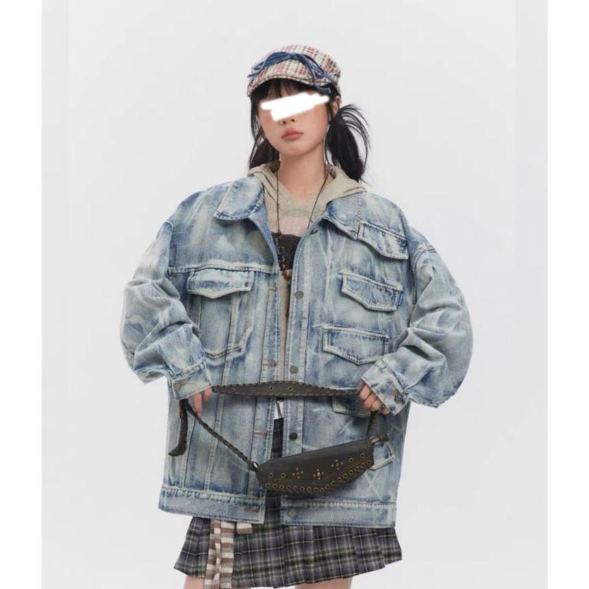 Collared Washed Button-Up Denim Jacket Product Image