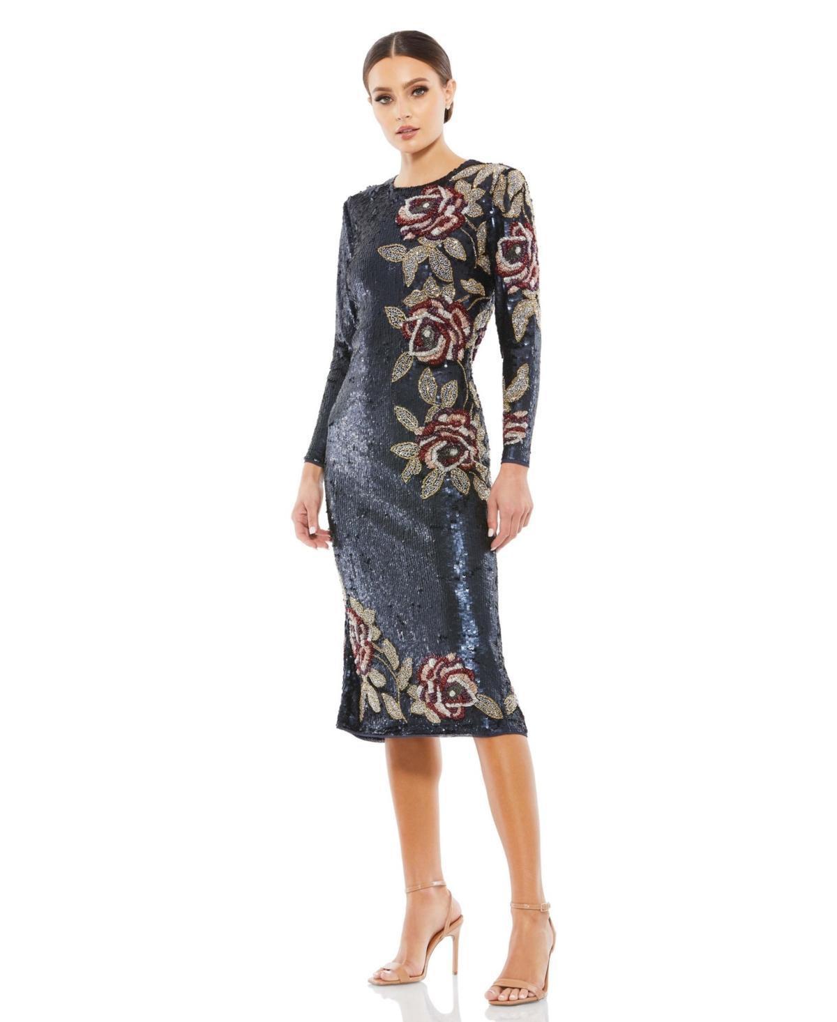 Mac Duggal Beaded Rose Long Sleeve Sequin Midi Dress Product Image