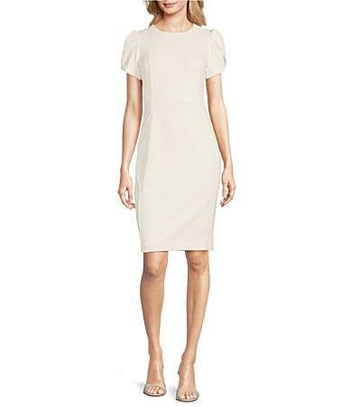 Calvin Klein Crew Neck Short Tulip Sleeve Solid Sheath Stretch Dress Product Image