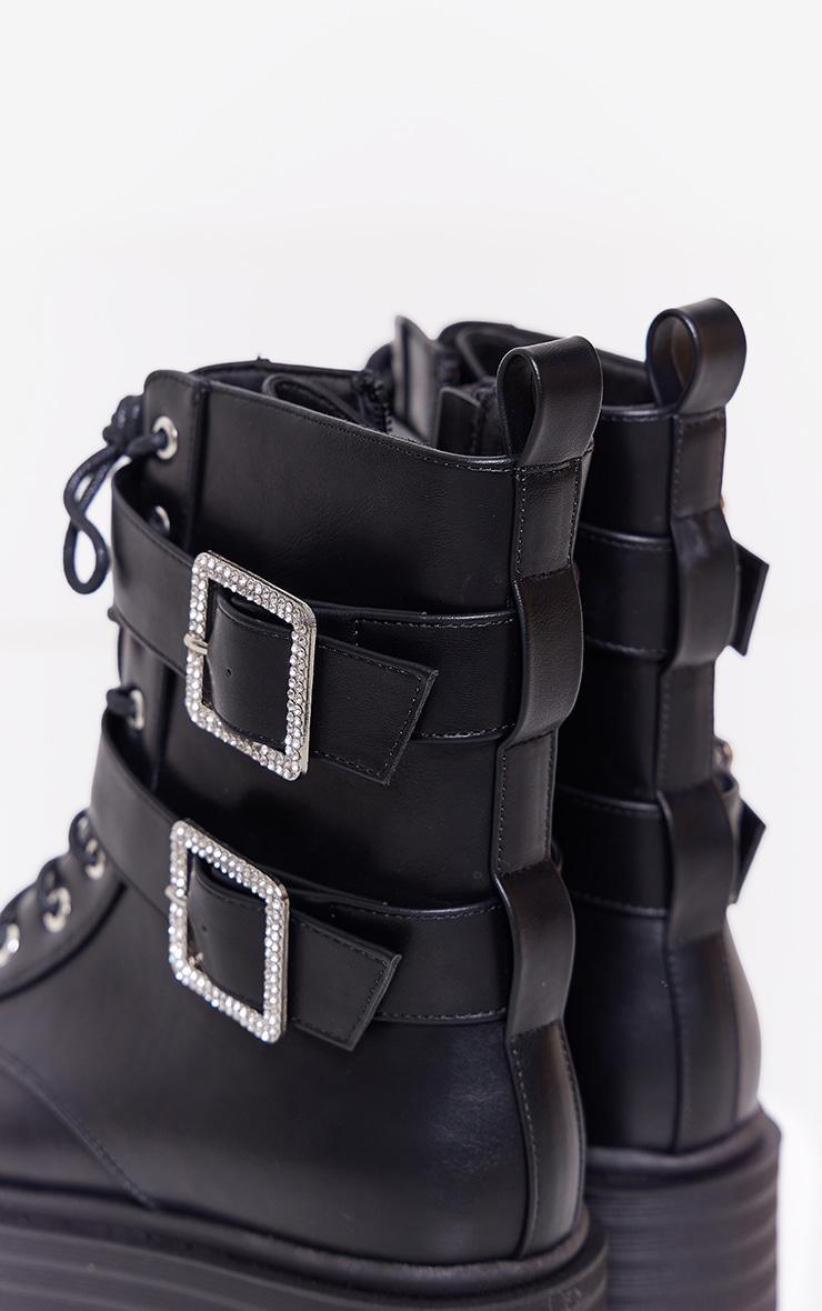 Black Faux Leather Round Diamante Buckle Chunky Lace Up Ankle Boots Product Image