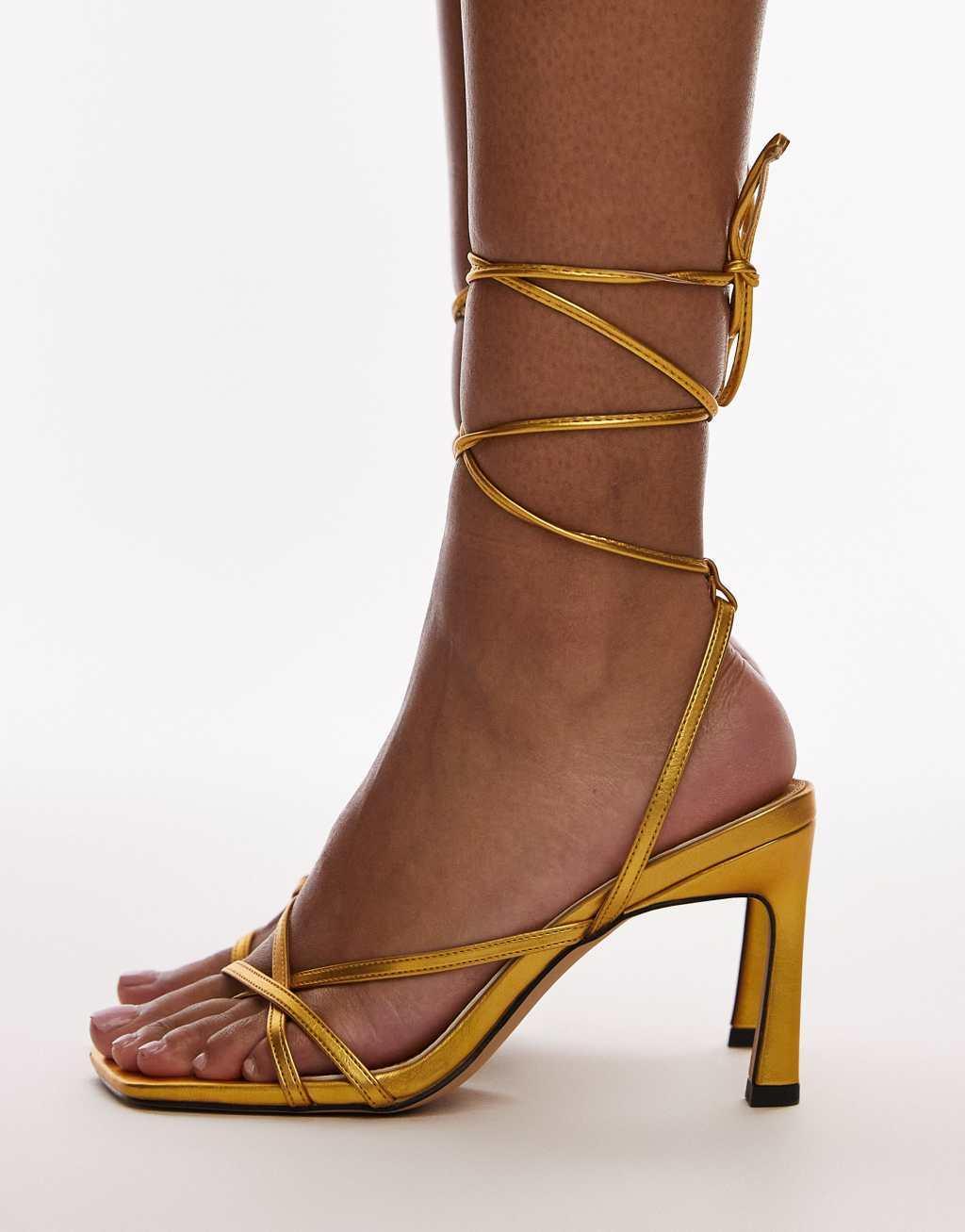 Topshop Faye strappy high heeled sandals in gold Product Image