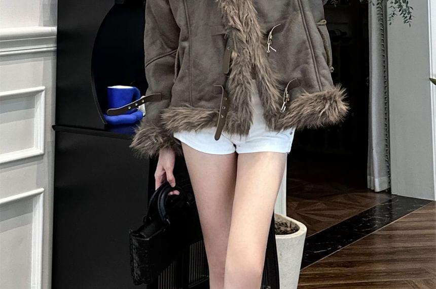 Stand Collar Fluffy Trim Buckled Aviator Jacket Product Image