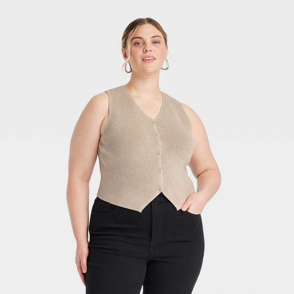 Womens Button-Front Sweater Vest - Universal Thread Tan 1X Product Image