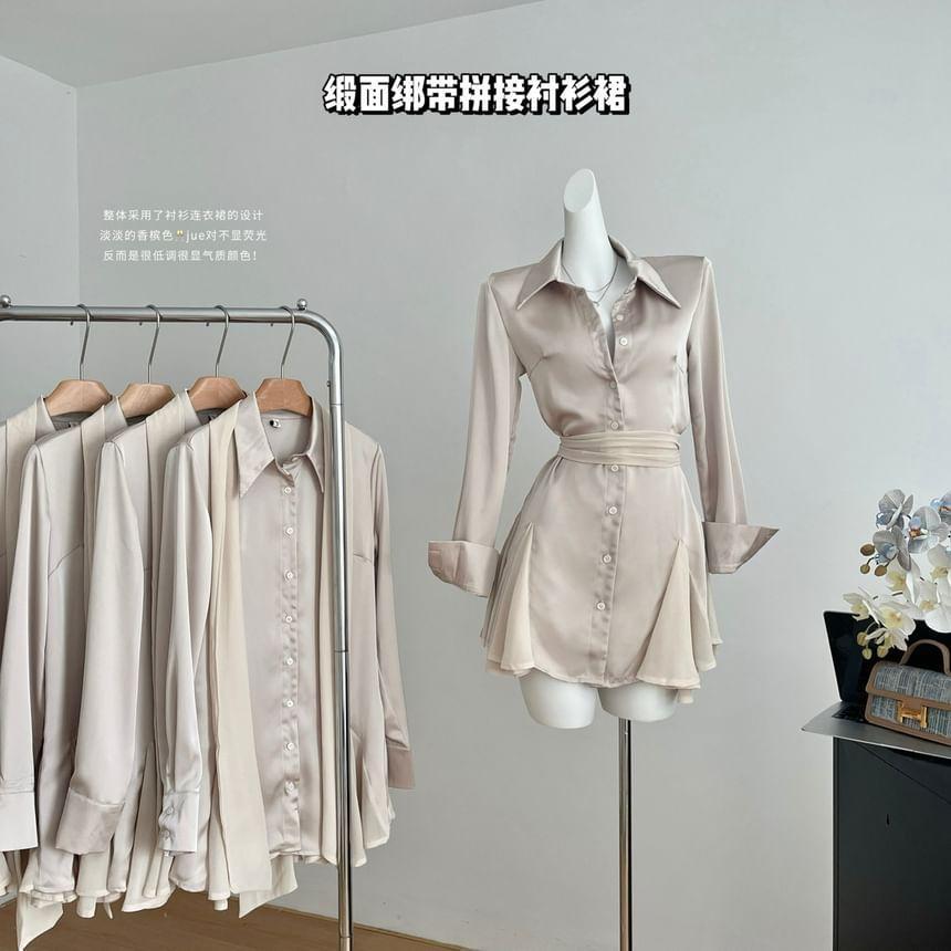 Long-Sleeve Sashed Plain Mini A-Line Shirt Dress Product Image