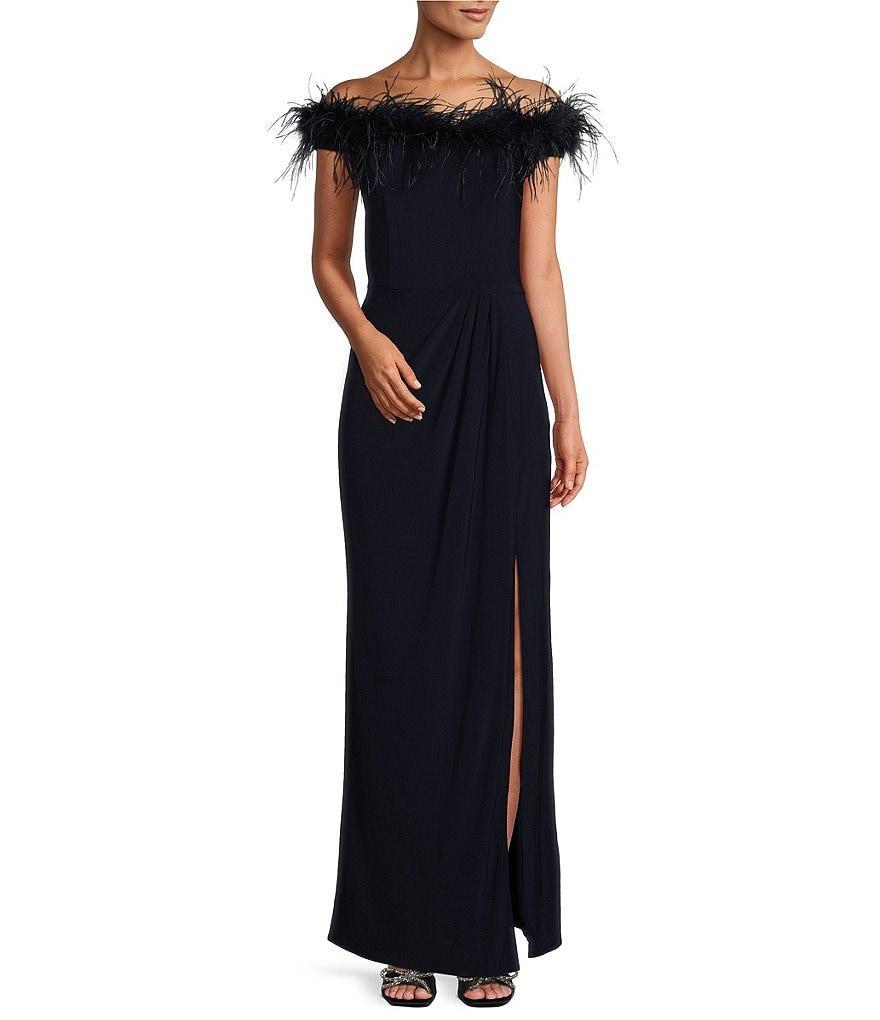 Alex Evenings Stretch Matte Jersey Feather Off-the-Shoulder Cap Sleeve Ruched Front Slit Gown Product Image