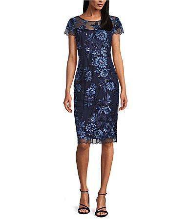 Alex Evenings Embroidered Cap Sleeve Crew Neck Sheath Dress -  12 Product Image