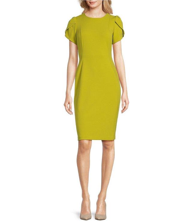 Calvin Klein Scuba Crepe Short Petal Sleeve Crew Neck Sheath Dress Product Image